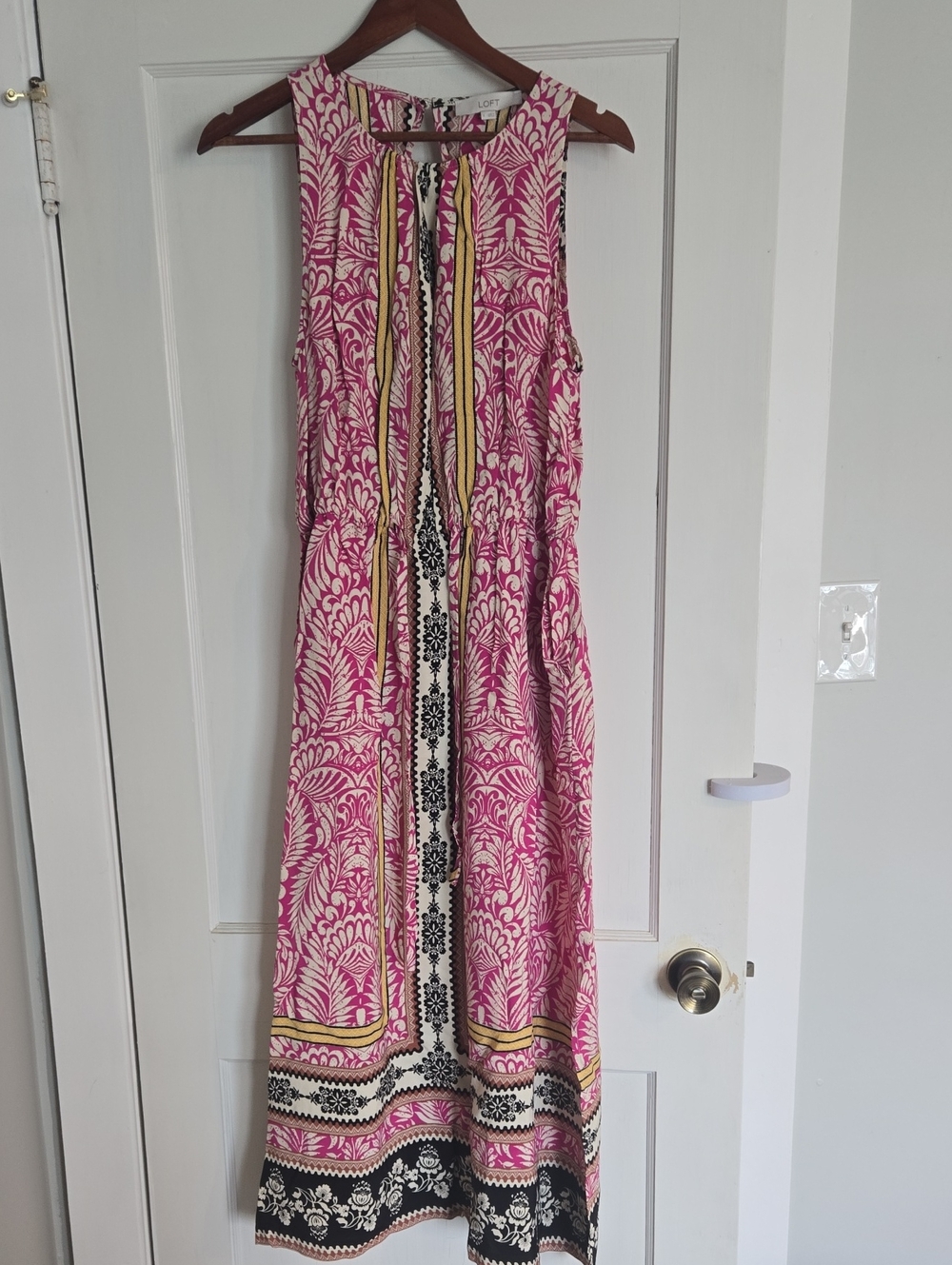 LOFT Pink and Black Patterned Sleeveless Maxi Dress with Yellow Accents